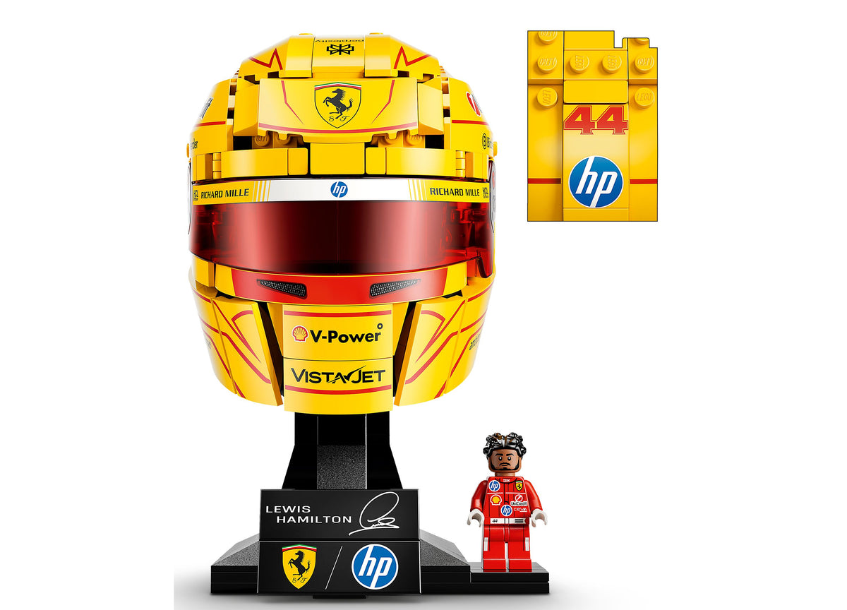 LEGO Ferrari Lewis Hamilton Helmet Building Set with yellow helmet model and display stand