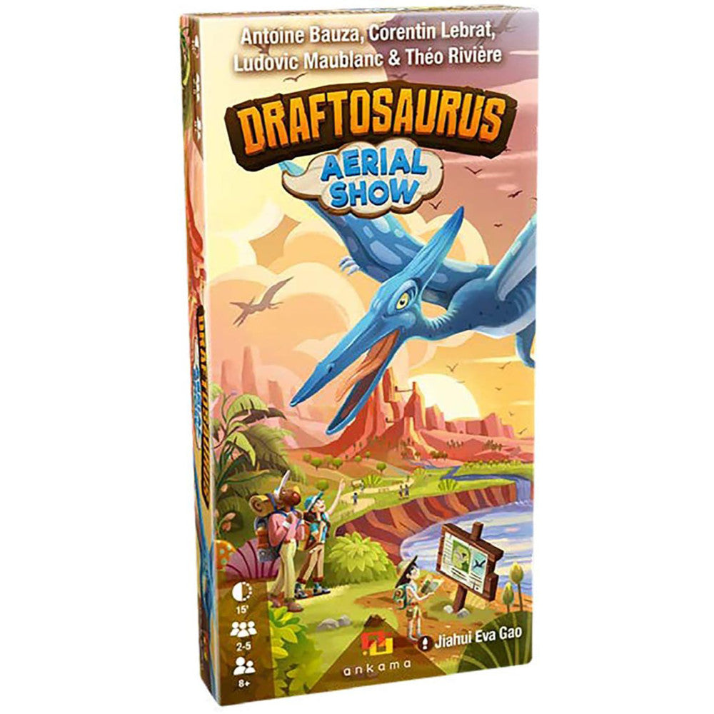 Draftosaurus: Aerial Show Expansion board game box featuring blue flying pterosaurs over a desert landscape with players and game components below