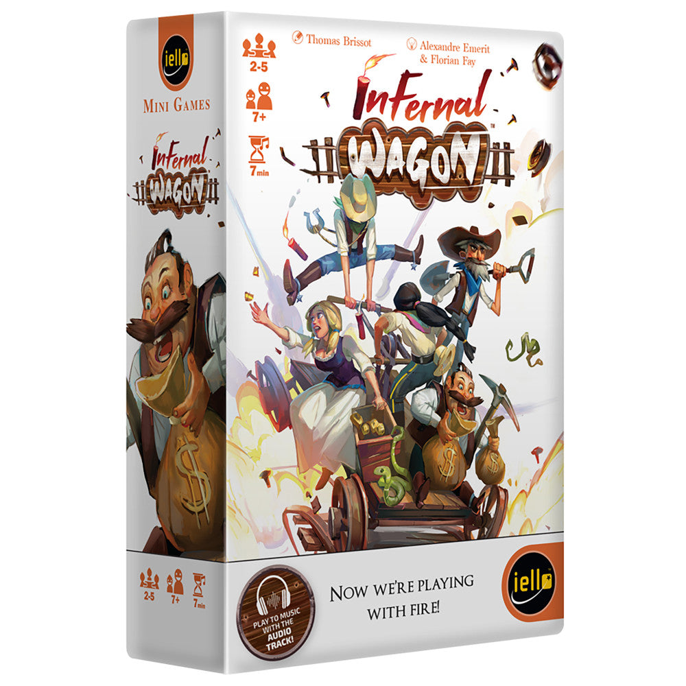 Infernal Wagon board game box showing cartoon characters with axes and tools on a chaotic wagon, illustrated title, and Iello Mini Games branding