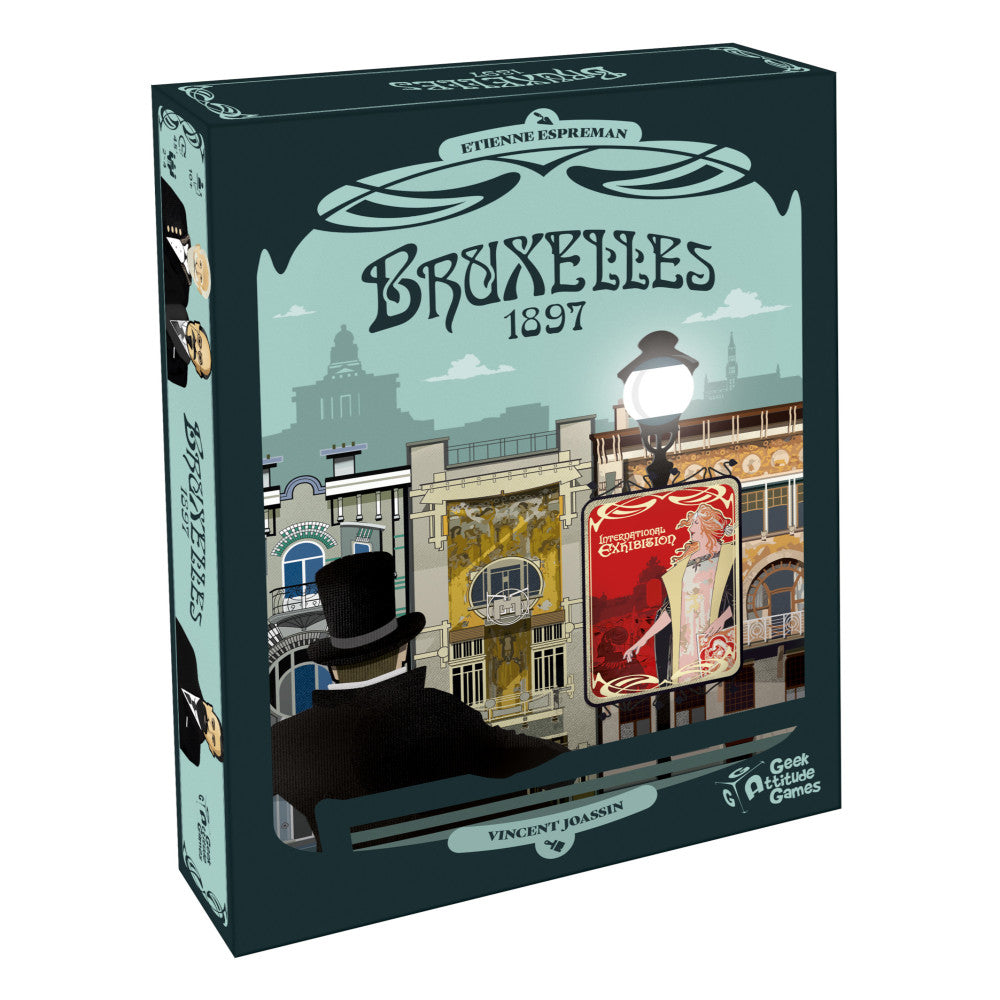 Bruxelles 1897 board game box featuring Art Nouveau style illustration with a silhouetted figure in a top hat viewing Belle Époque buildings and storefronts