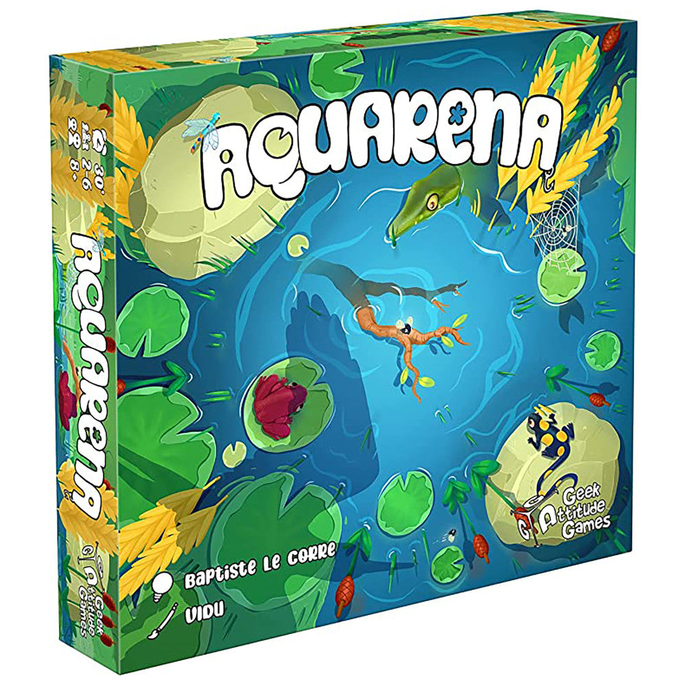 Aquarena board game box featuring an underwater pond scene with lily pads, a swimming frog, fish, insects, and aquatic plants in blue and green colors
