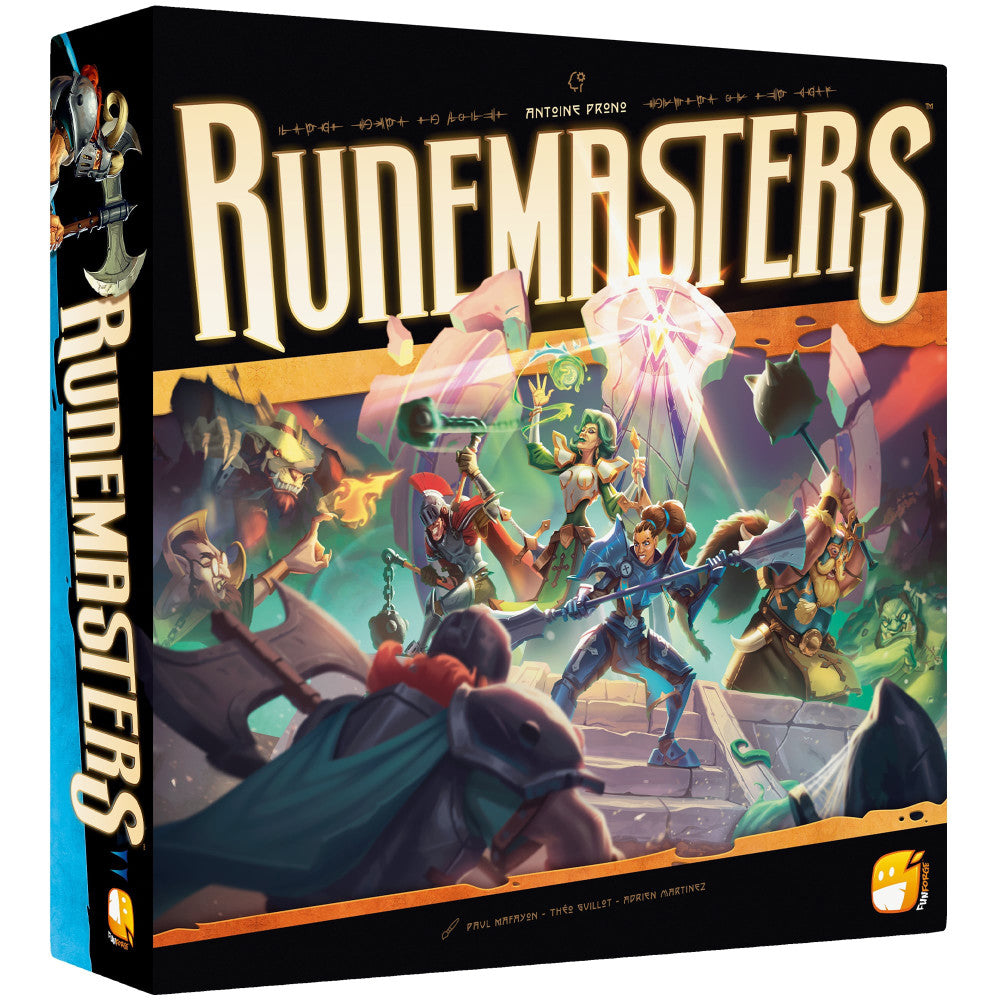 Runemasters board game box featuring fantasy characters with magical weapons battling dark creatures in an enchanted setting