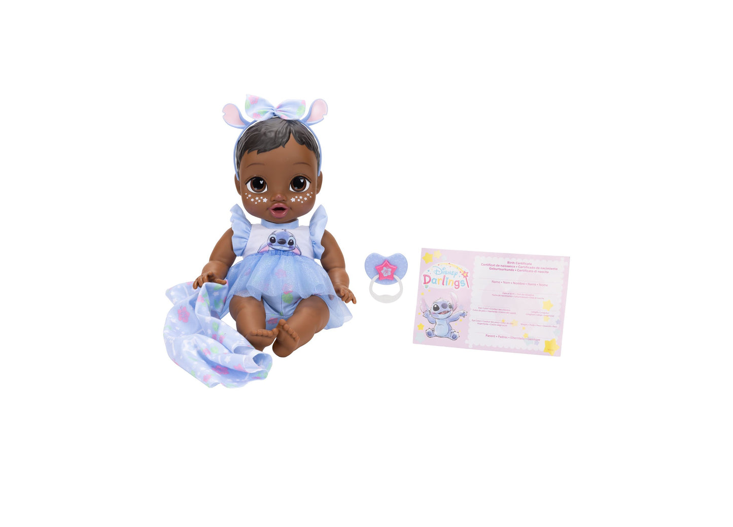 Disney Darlings Snuggly Stars Stitch Doll with blue dress, mouse ears headband, and accessories