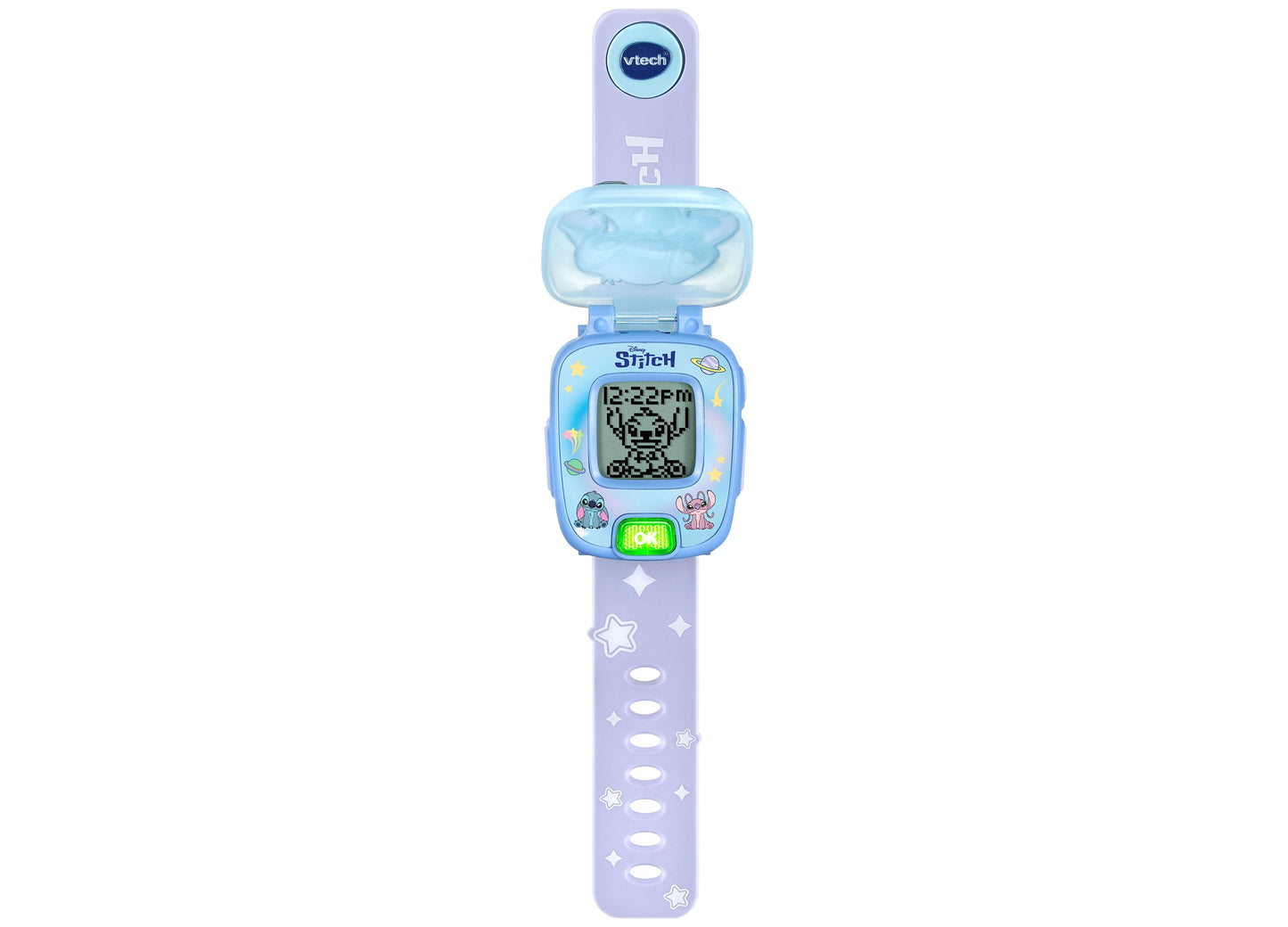 VTech Stitch Learning Wrist Watch in purple and blue with digital screen display