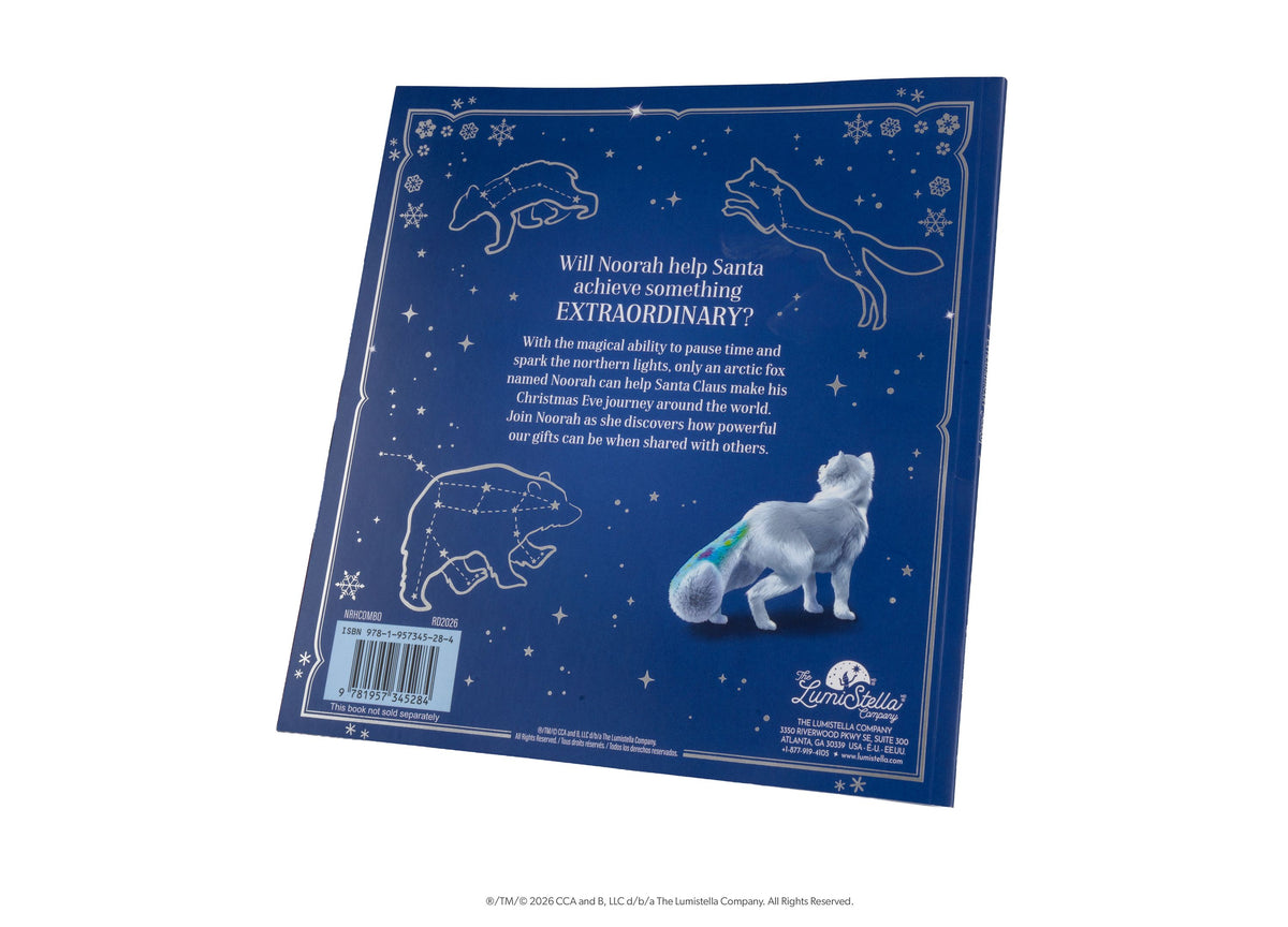 Elf on the Shelf Extraordinary Noorah 2-Piece Book & Plush Set showing blue storybook with white arctic fox character...