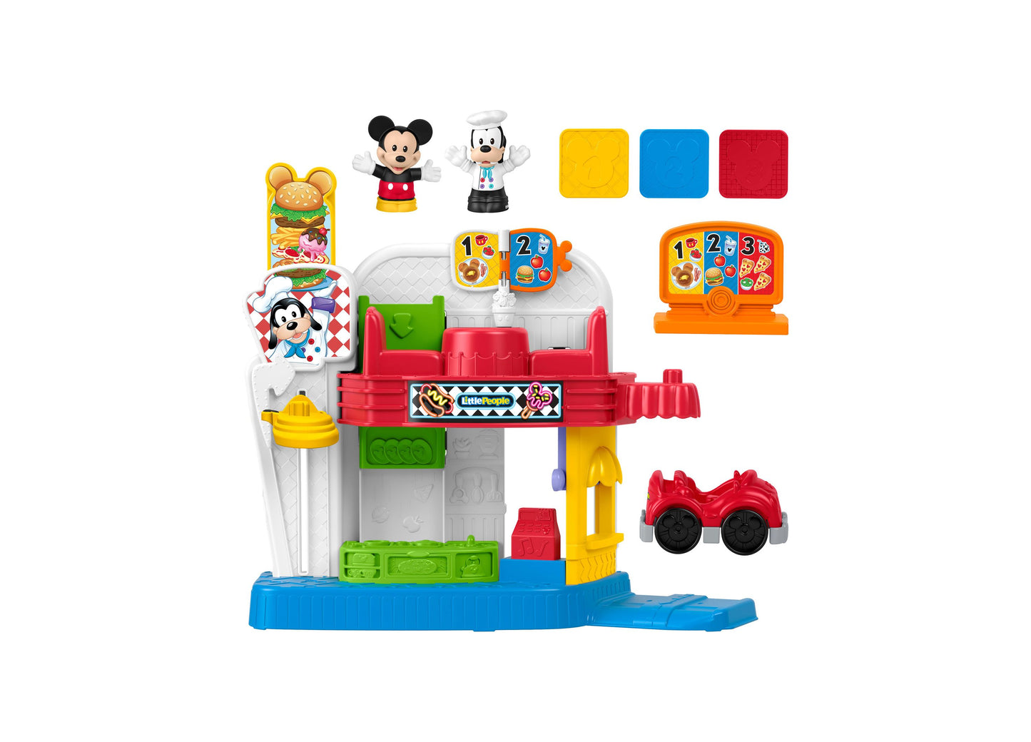 Fisher Price Mickey and Goofy Silly Sounds Diner Playset with figures, colorful blocks, and red car