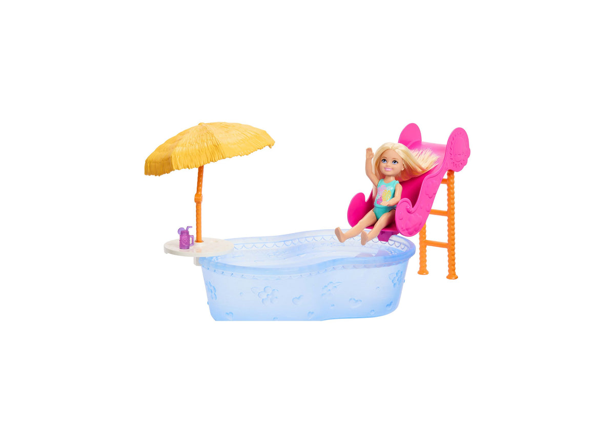 Barbie Chelsea Summer Vacation Pool Party Playset with blonde Chelsea doll, blue pool, pink waterslide, yellow umbrel...