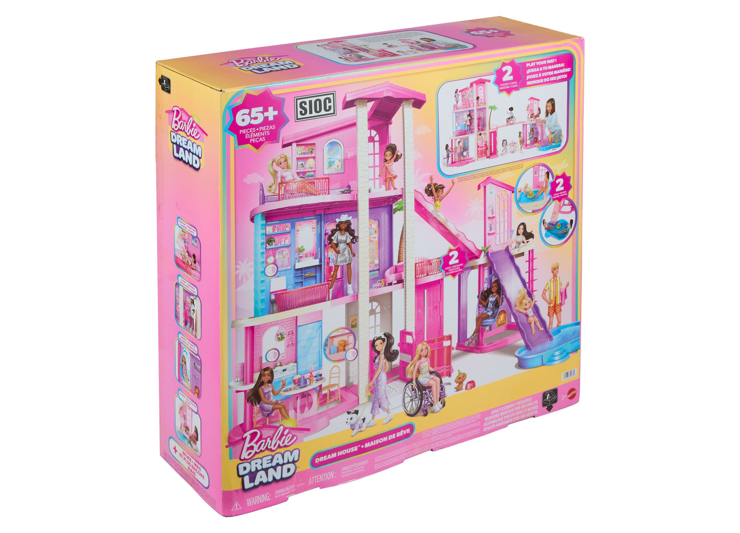 Barbie DreamHouse 3-Story Dollhouse with pink exterior, pools, slides, and elevator playset