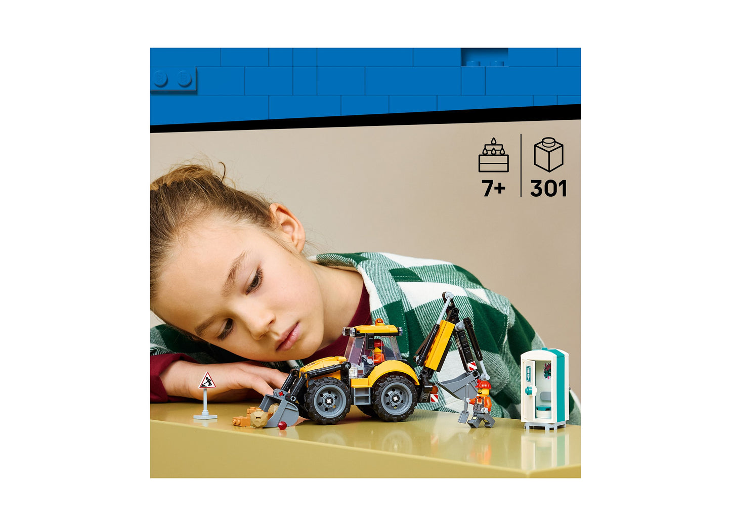 LEGO City Backhoe Loader 60480 yellow construction vehicle set with 301 pieces for ages 7+