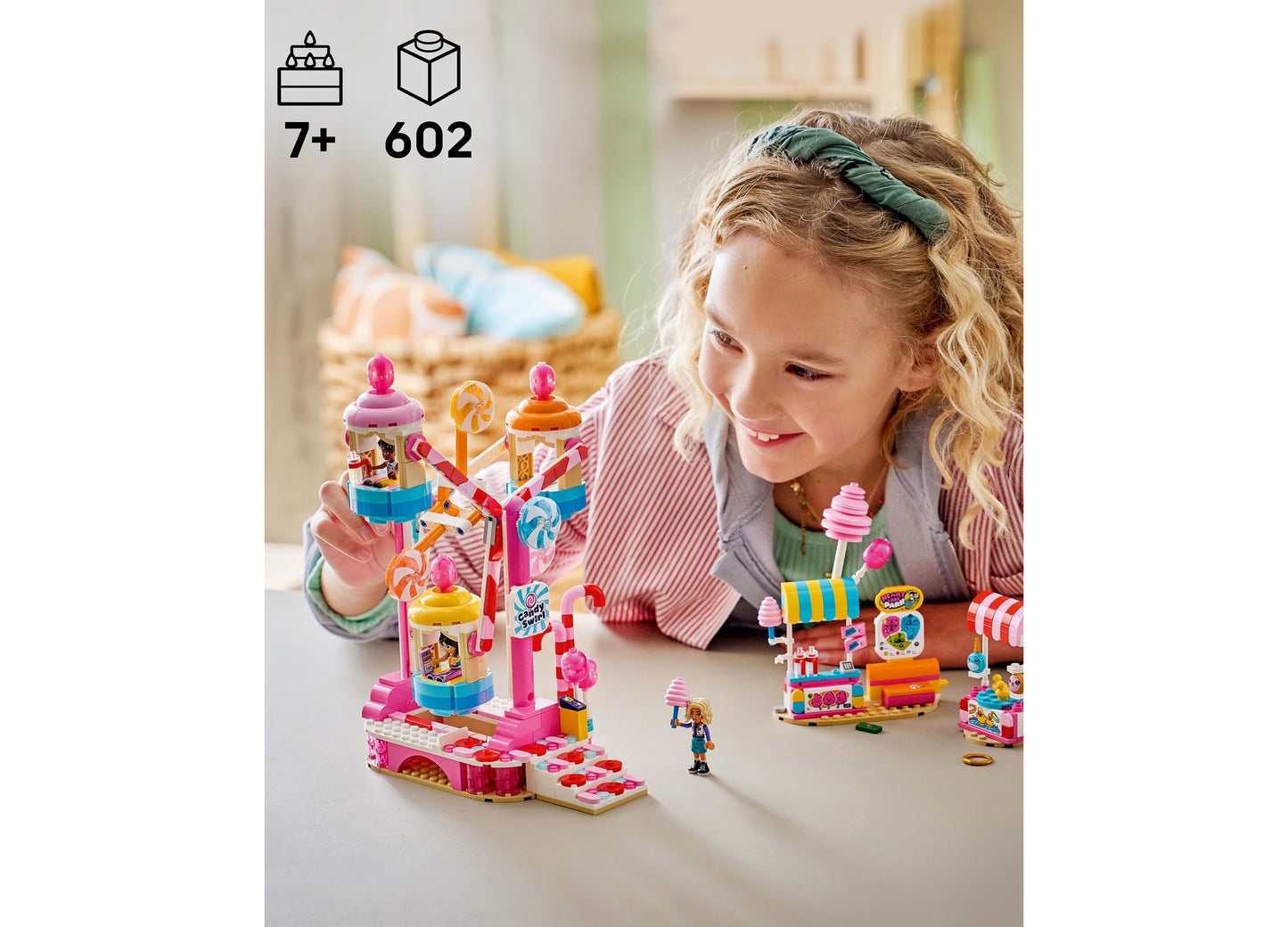LEGO Friends Candy Cupcake Ferris Wheel 42700 building set with 602 pieces, featuring pink and colorful candy-themed ...