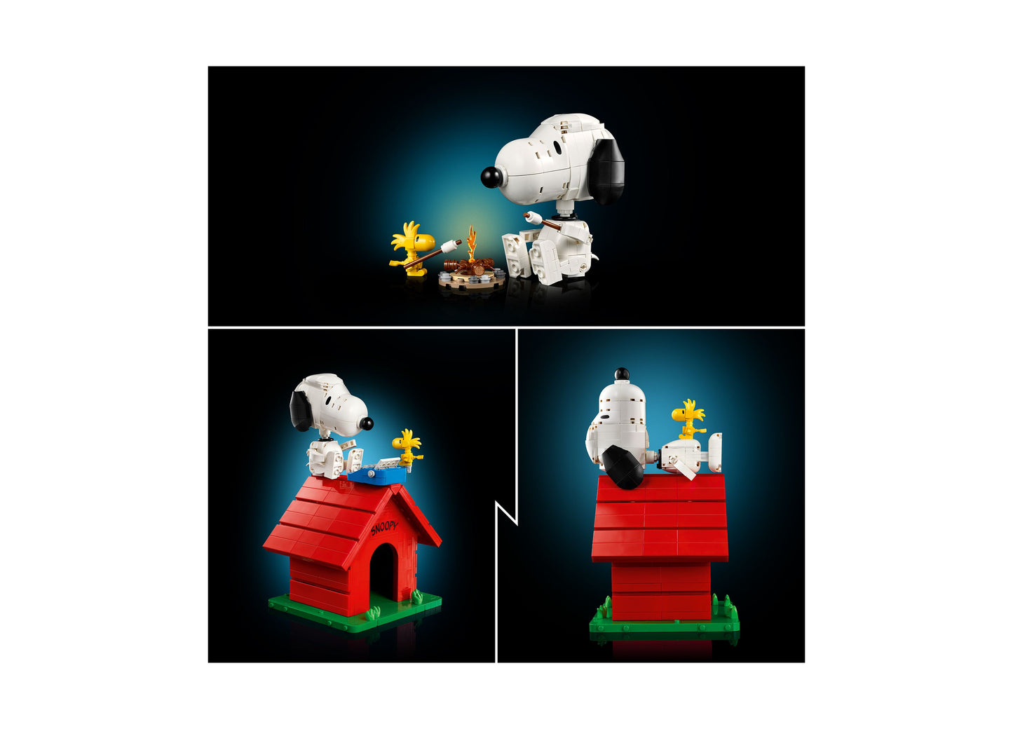 LEGO Peanuts Snoopy's Doghouse 21368 building set with white robot Snoopy, red doghouse, and yellow Woodstock figure