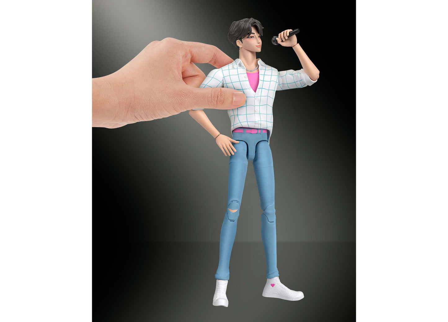 Kpop Demon Hunters Jinu 6.7-inch action figure with articulated joints, white checkered blazer, blue jeans, and micro...