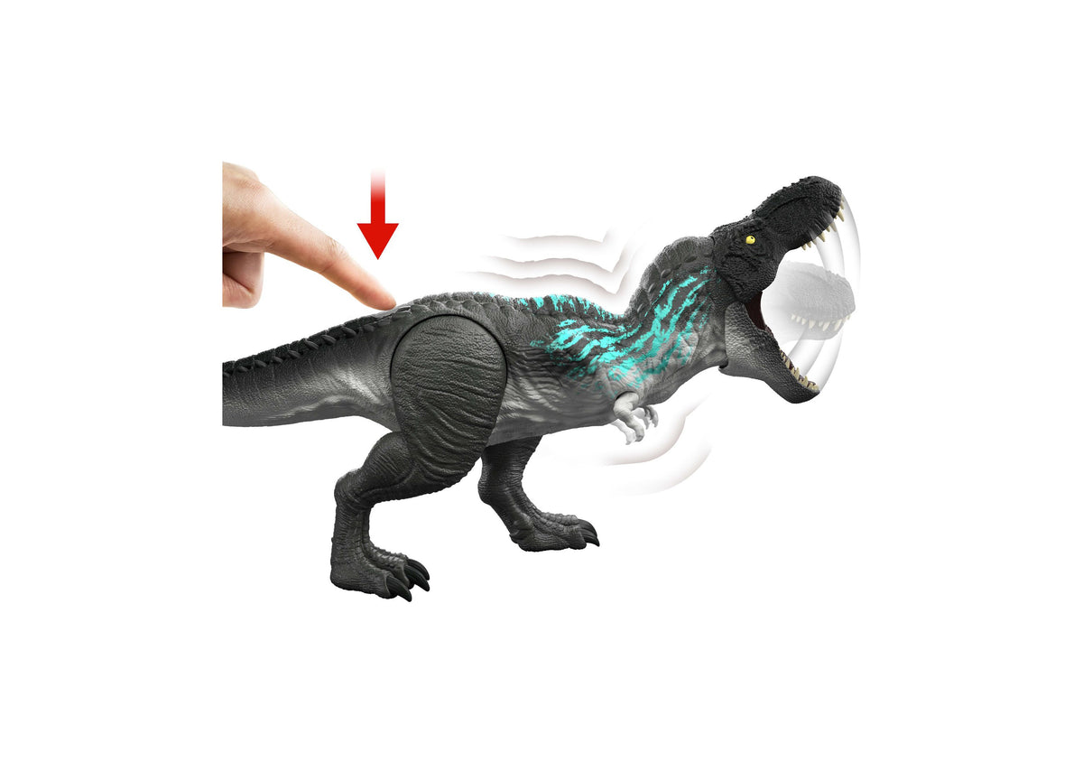 Jurassic World Muscle Madness T-Rex 21.5-inch action figure with black body, turquoise markings, and poseable design