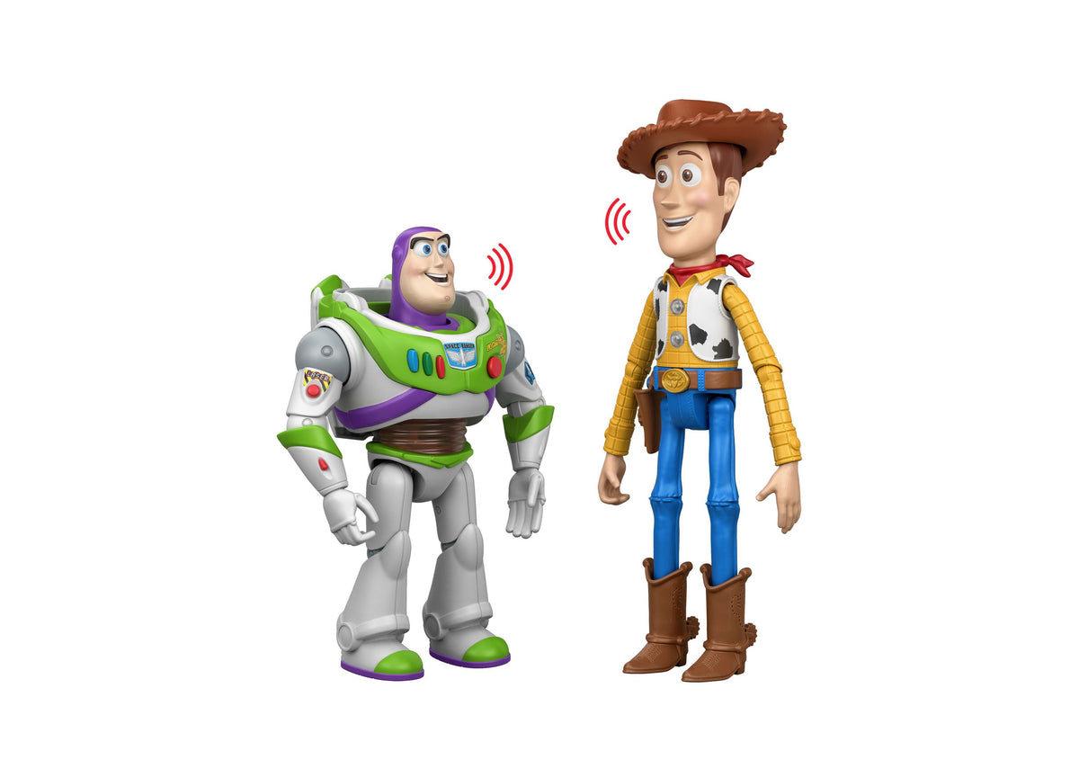 Toy Story Woody & Buzz Lightyear 12 Inch 2-Piece Interactables Figures set showing cowboy Woody in brown hat and yell...