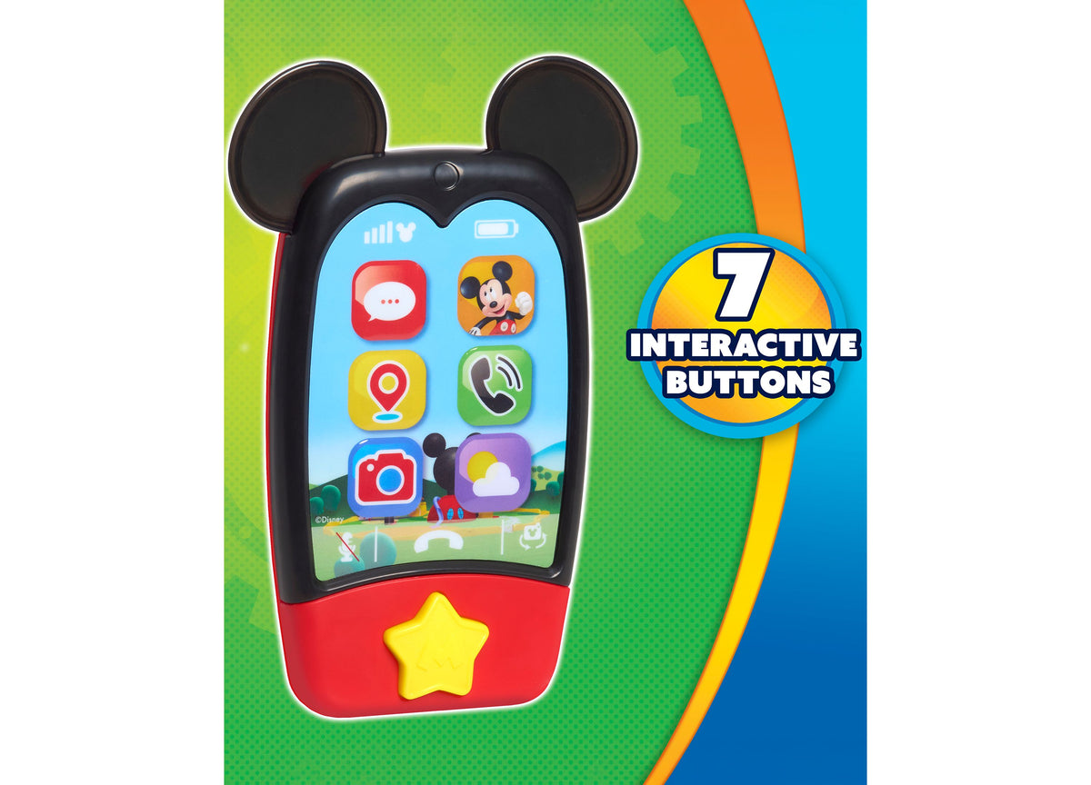 Mickey Mouse Clubhouse light-up interactive mobile phone with black ears, blue screen, red base, and yellow star button