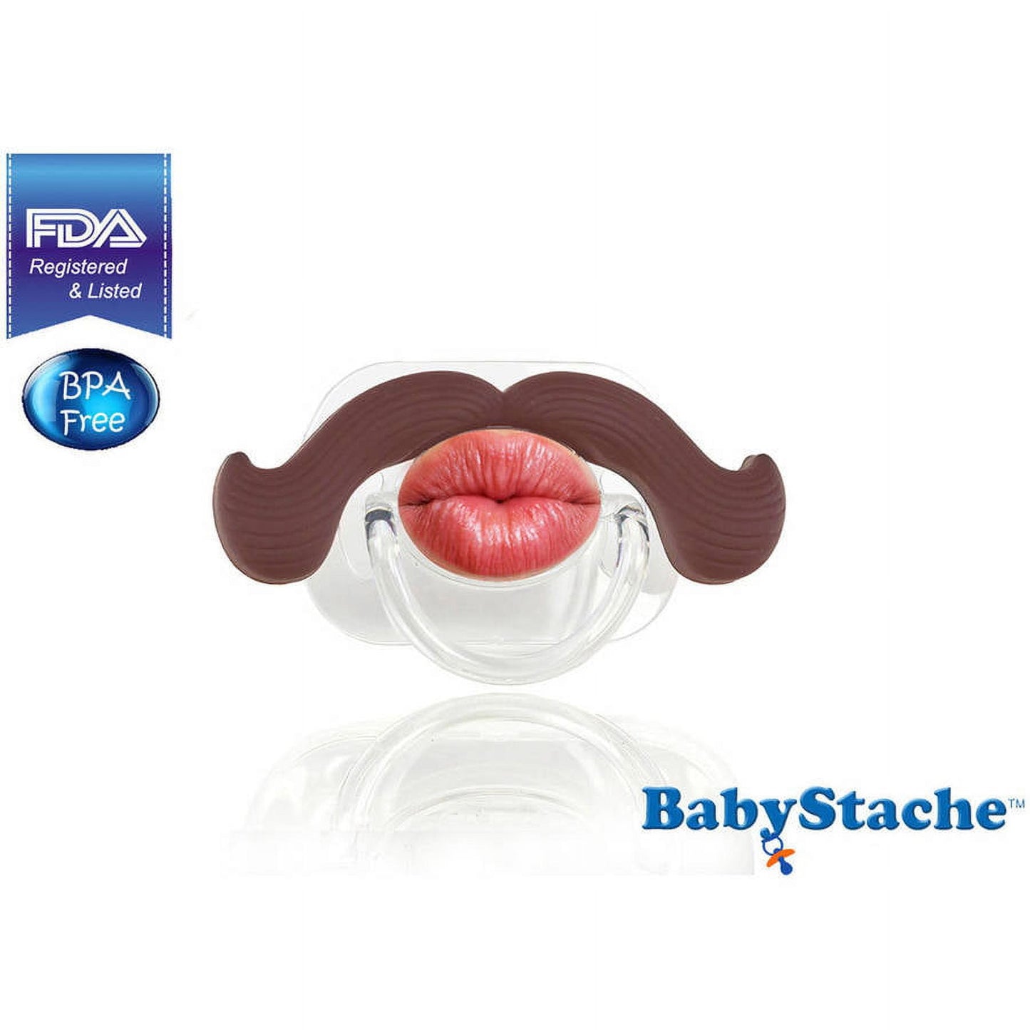 Babystache pacifier with brown curled mustache and pink lips design on clear nipple shield