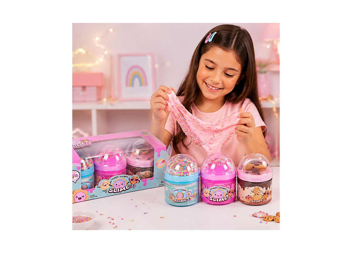 Girl holding pink slime stretching it, with three colorful scented slime containers displayed