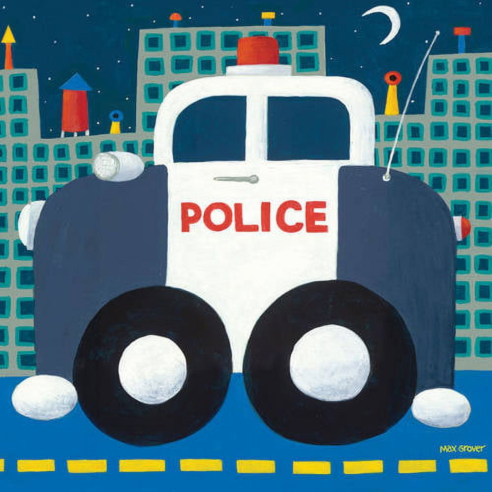 Illustrated police cruiser with white body and red POLICE text, large black wheels, red siren light on roof, set against nighttime city skyline with buildings a