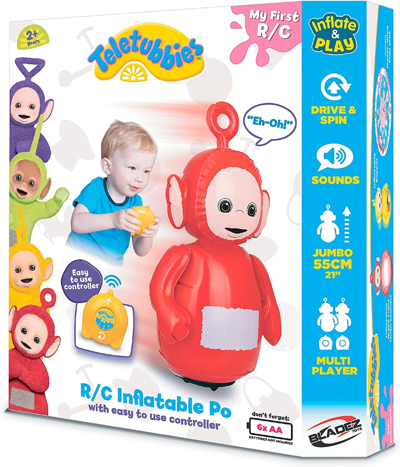 Teletubbies RC Inflatable Po with easy-to-use controller, modeled by a child. Red inflatable character with remote control shown on packaging.