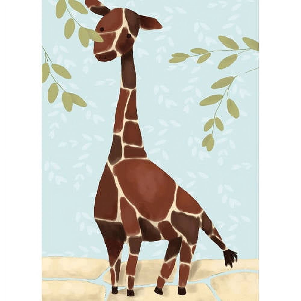 Illustrated giraffe with brown and cream patterned coat reaching up to eat from yellow-green leaves on branches, against light blue sky and sandy ground