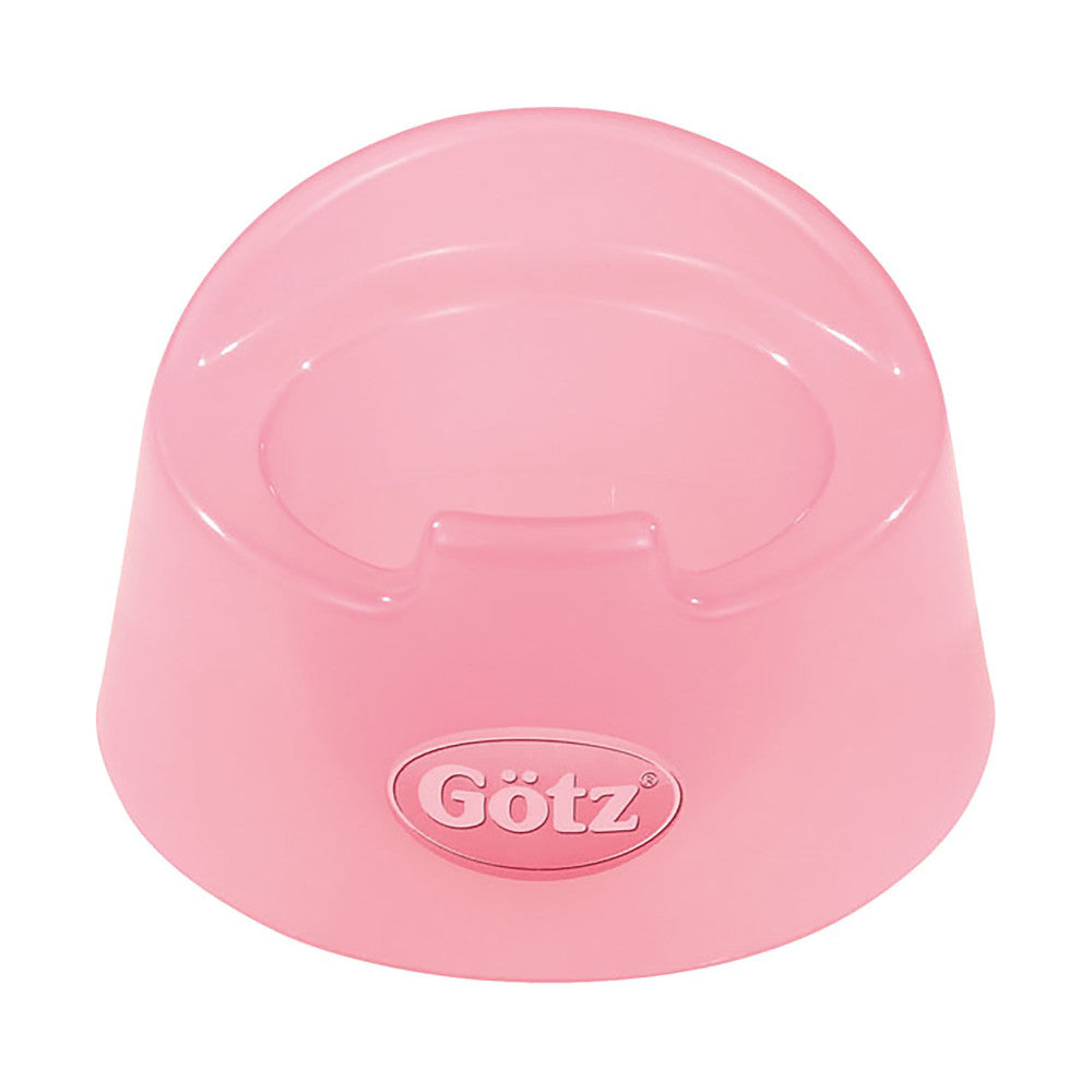 Pink plastic doll-sized potty chair with Gotz branding, sized for 11-13 inch dolls