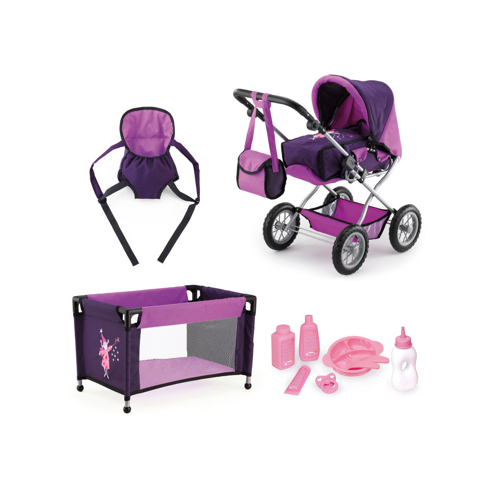 Doll pram playset with purple and pink stroller, backpack carrier, play pen, and accessories including bottles and dishes