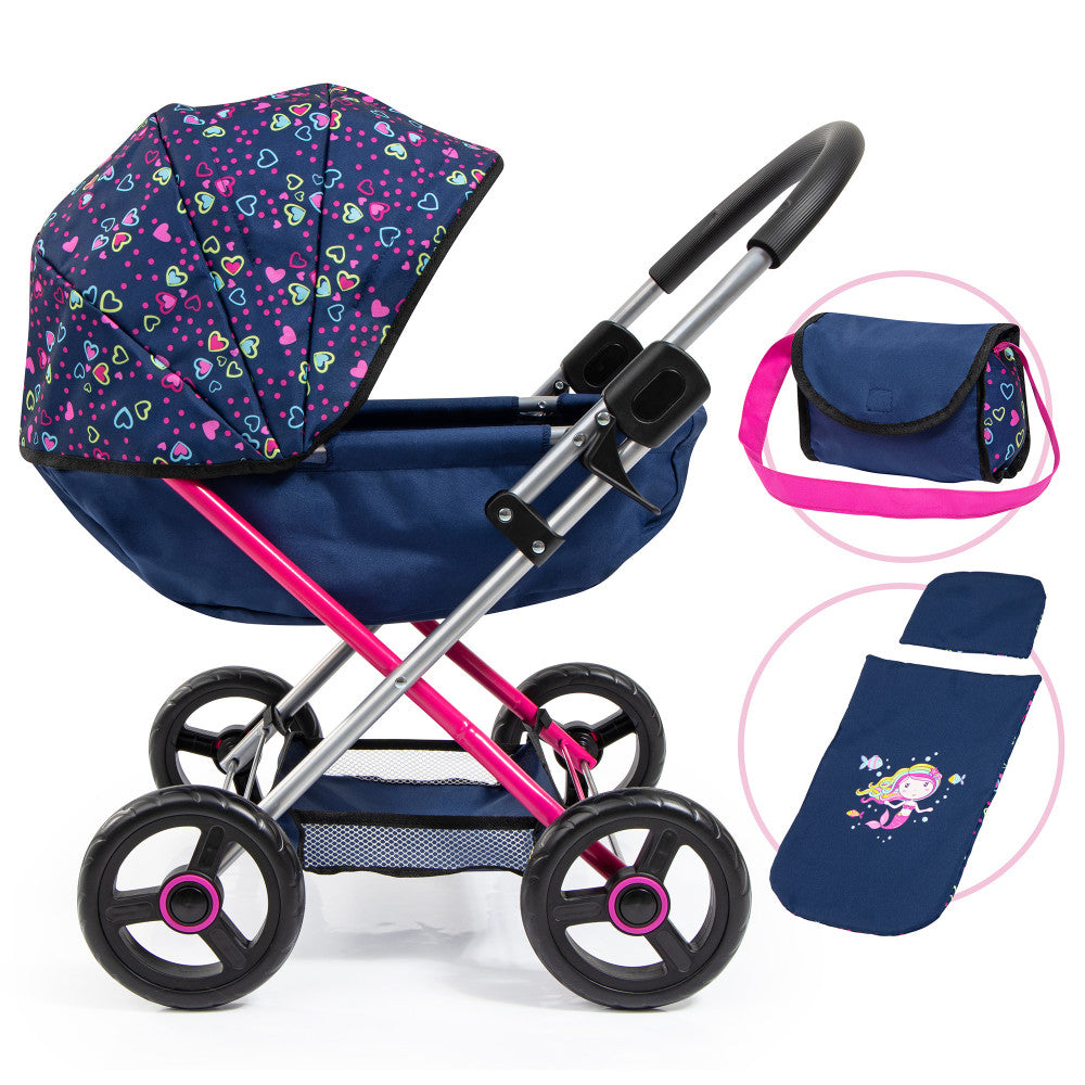 Doll pram with navy canopy featuring colorful hearts and dots, silver frame with black handles, pink accents, black wheels with pink hubs, includes matching cha