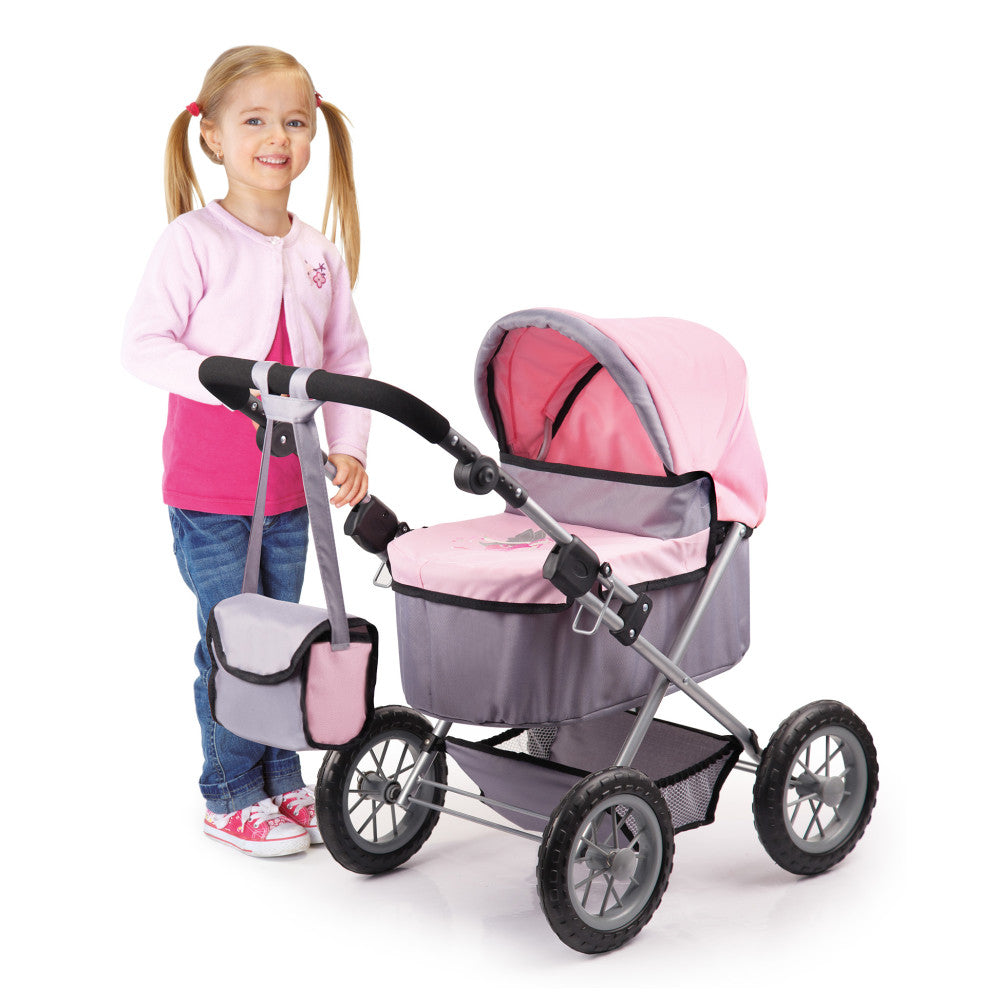 Child modeled with pink and gray doll pram stroller with black wheels and storage basket