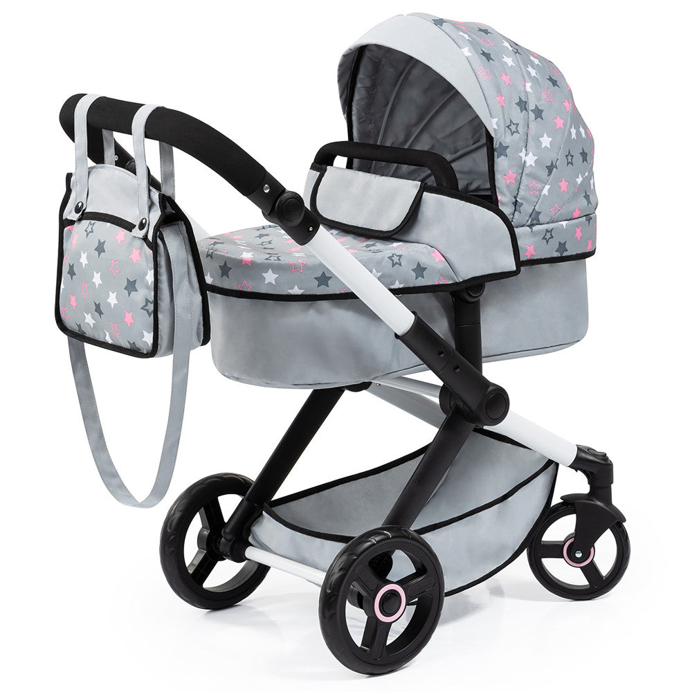 Gray doll pram with pink and white stars, black and white handles, matching diaper bag, and black wheels
