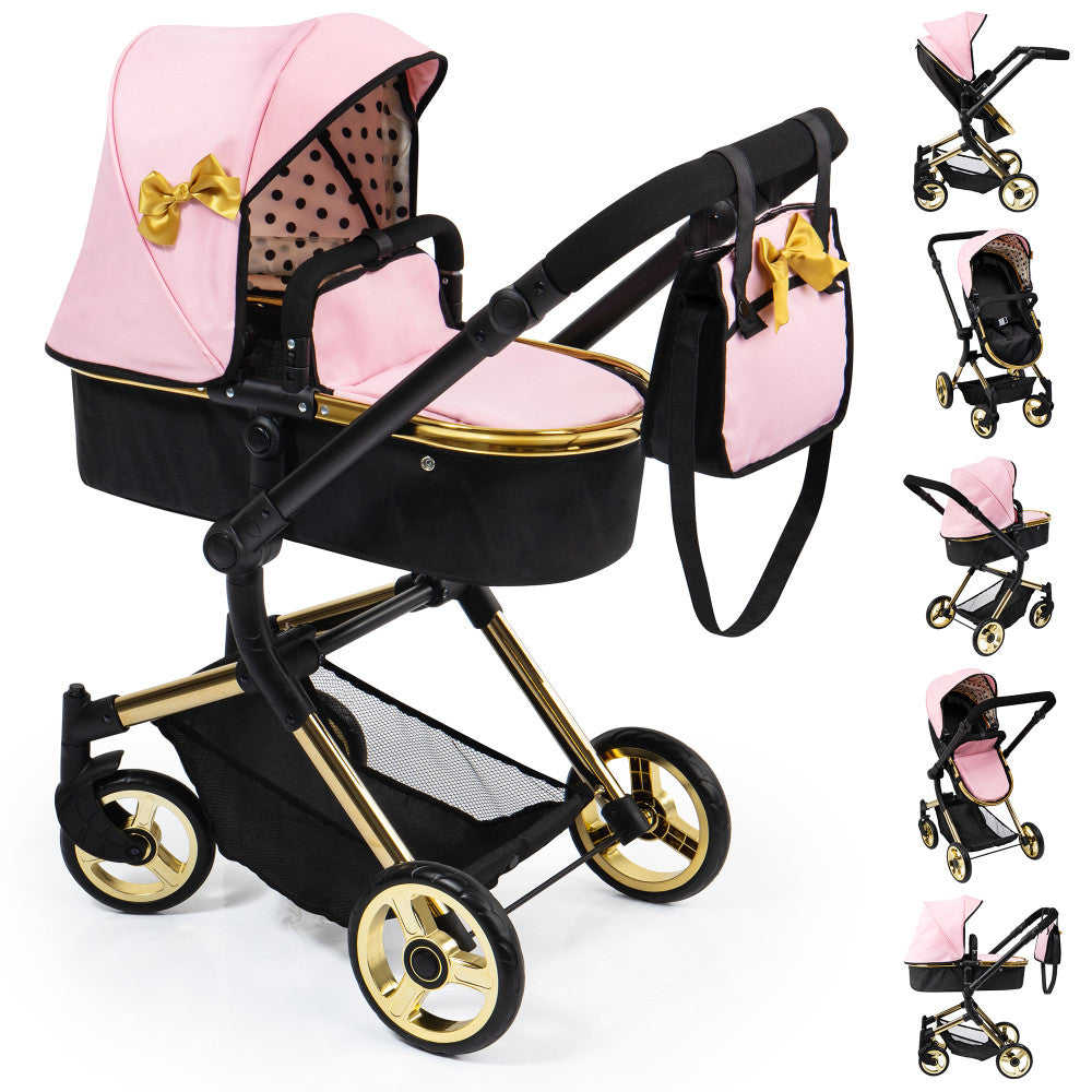 Pink and black doll pram with gold accents, featuring a canopy with gold bow, polka dot interior, and multiple viewing angles shown on right