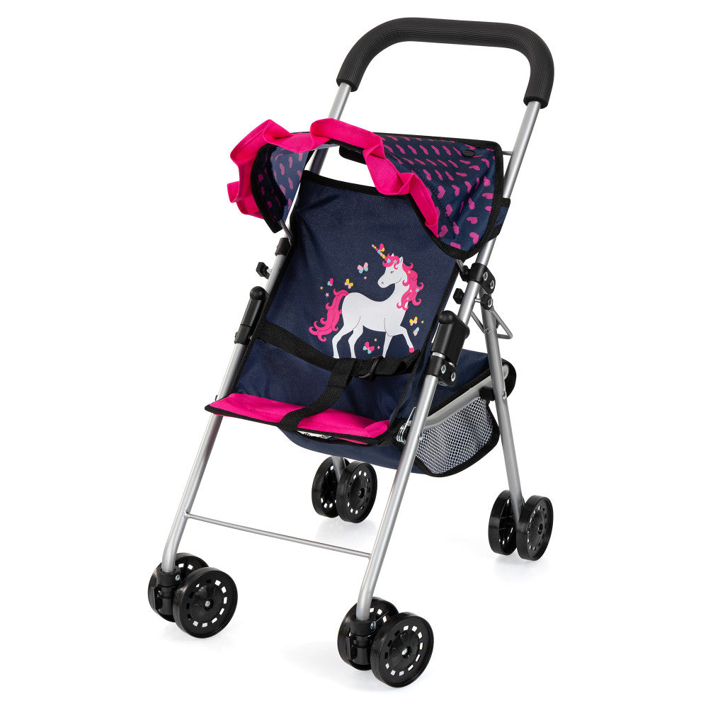 Doll stroller with navy fabric featuring white unicorn and pink mane design, hot pink bow and polka dot canopy, silver frame, and black wheels