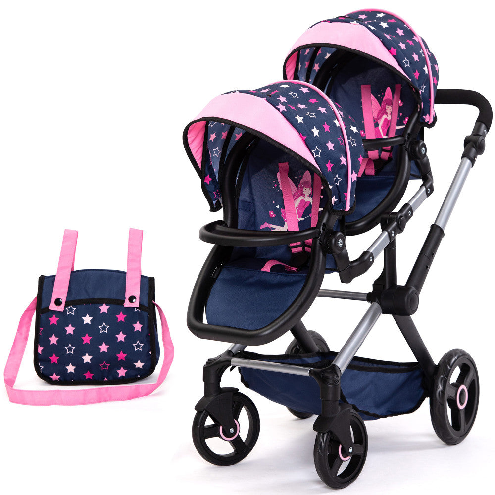 Twin doll pram with navy and pink star pattern, silver frame, black wheels, and matching navy star handbag with pink handles