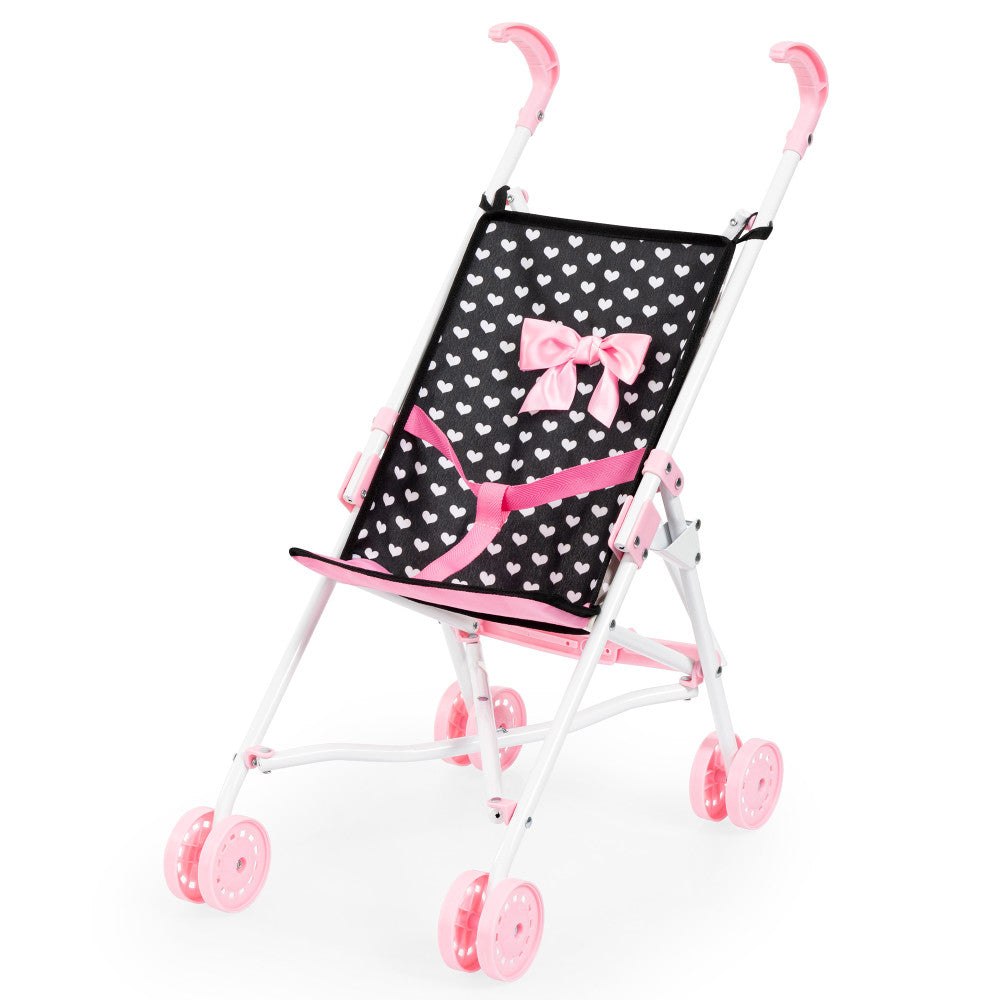 Doll stroller with pink and white frame, black seat featuring white heart pattern and pink bow, pink wheels