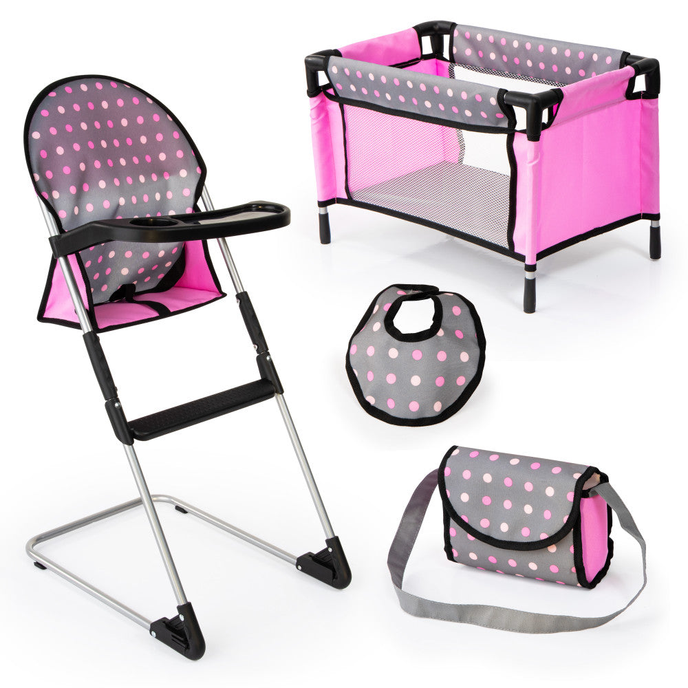 Doll furniture playset with pink and gray high chair, matching play crib, bib, and diaper bag with polka dot pattern