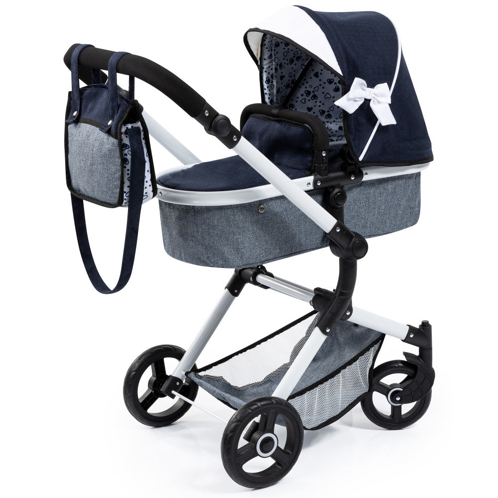 Navy, grey and white doll pram with black handles, extendable canopy with white bow, matching diaper bag, and black wheels