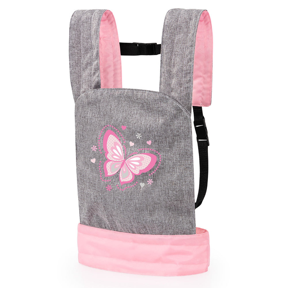 Doll carrier with grey and pink fabric, butterfly design on front, adjustable shoulder straps with black trim and side handle