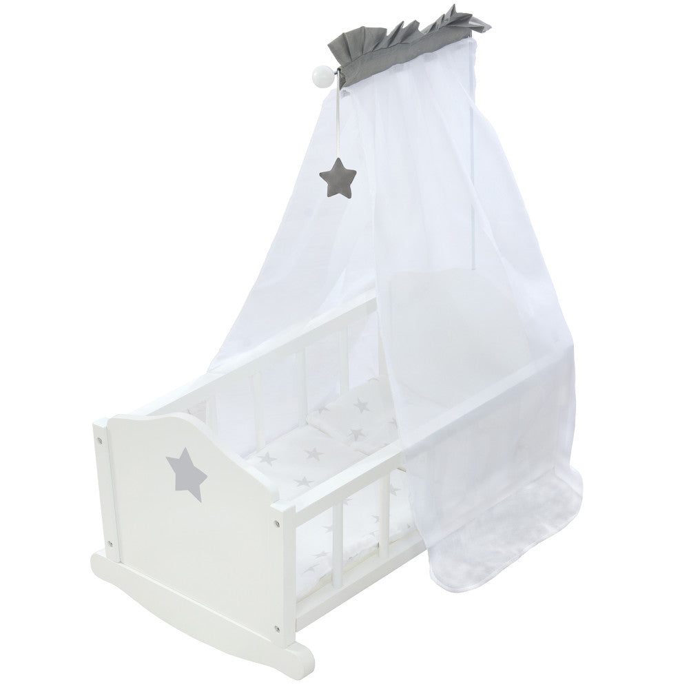 White wooden doll cradle with gray star details, sheer white canopy with gray ruffle top and hanging star charm