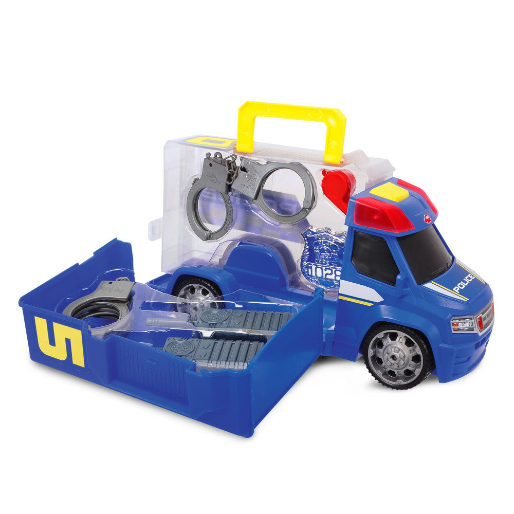 Blue police patrol car toy with yellow handle and opening trunk containing handcuffs, keys, and accessories on plain background