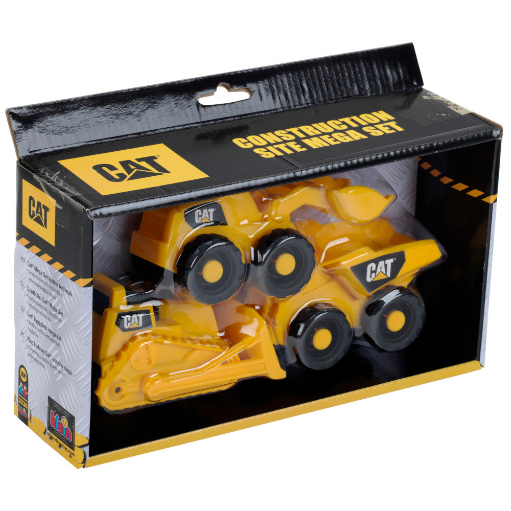 CAT Construction Site Mega Set with three yellow and black toy vehicles including a wheel loader, bulldozer, and dump truck in packaging