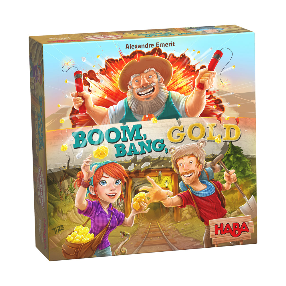 Boom, Bang, Gold board game box by HABA featuring cartoon prospectors and a bearded miner with dynamite and gold nuggets in a wild west mining theme