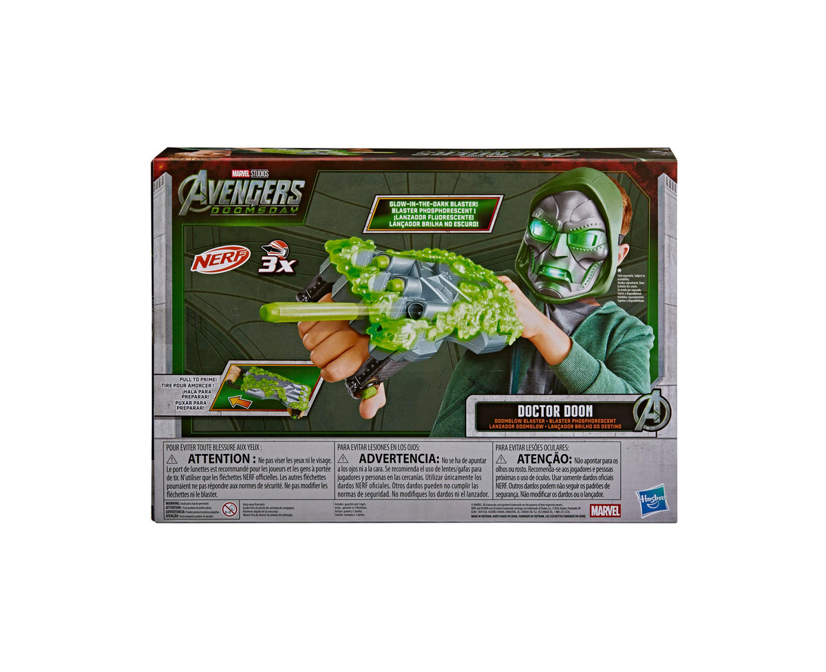Marvel Doctor Doom Doomglow NERF Triad blaster with glow-in-the-dark green details, shown with gauntlet and foam darts