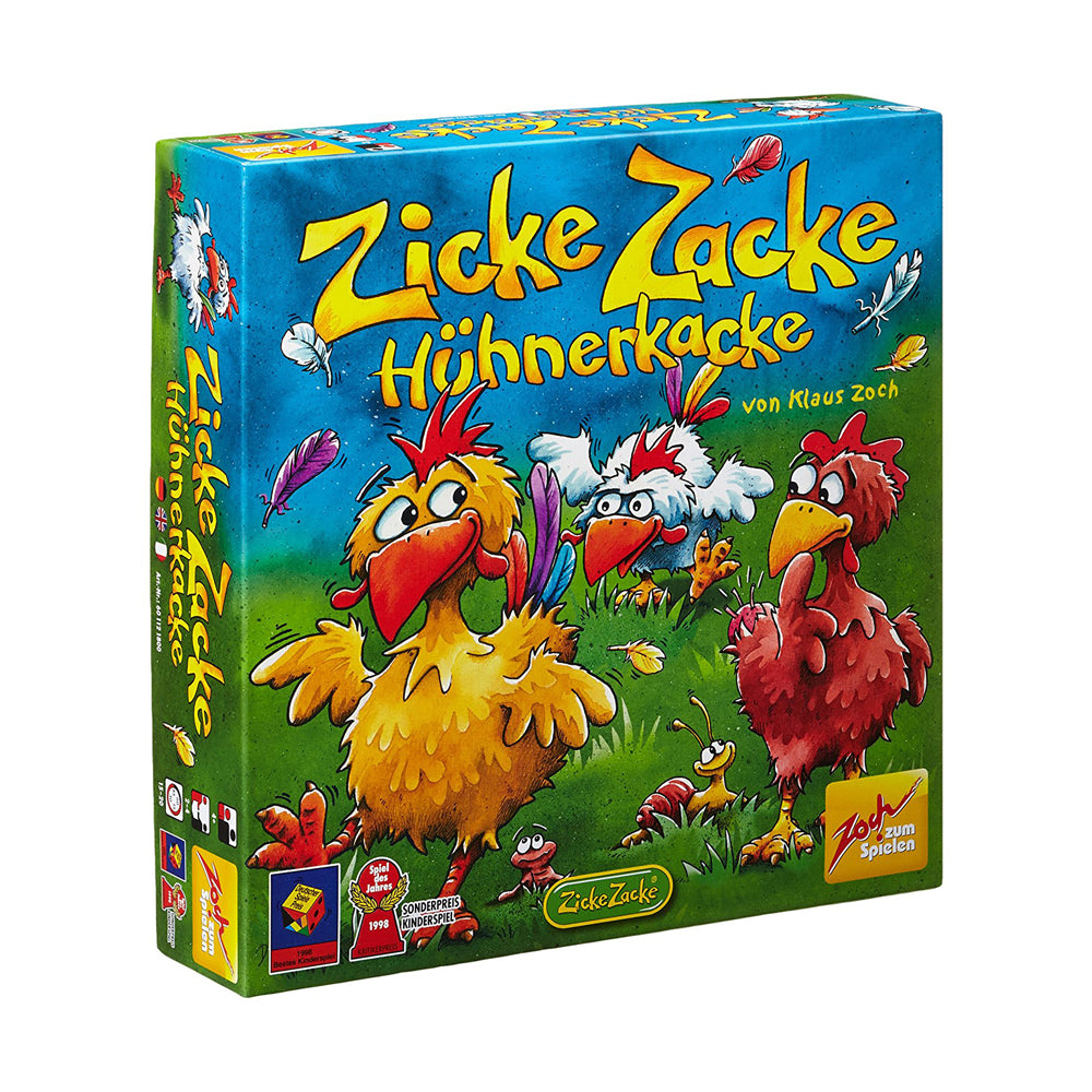 Zicke Zacke Hühnerkacke board game box featuring colorful cartoon chickens on grass with blue sky background