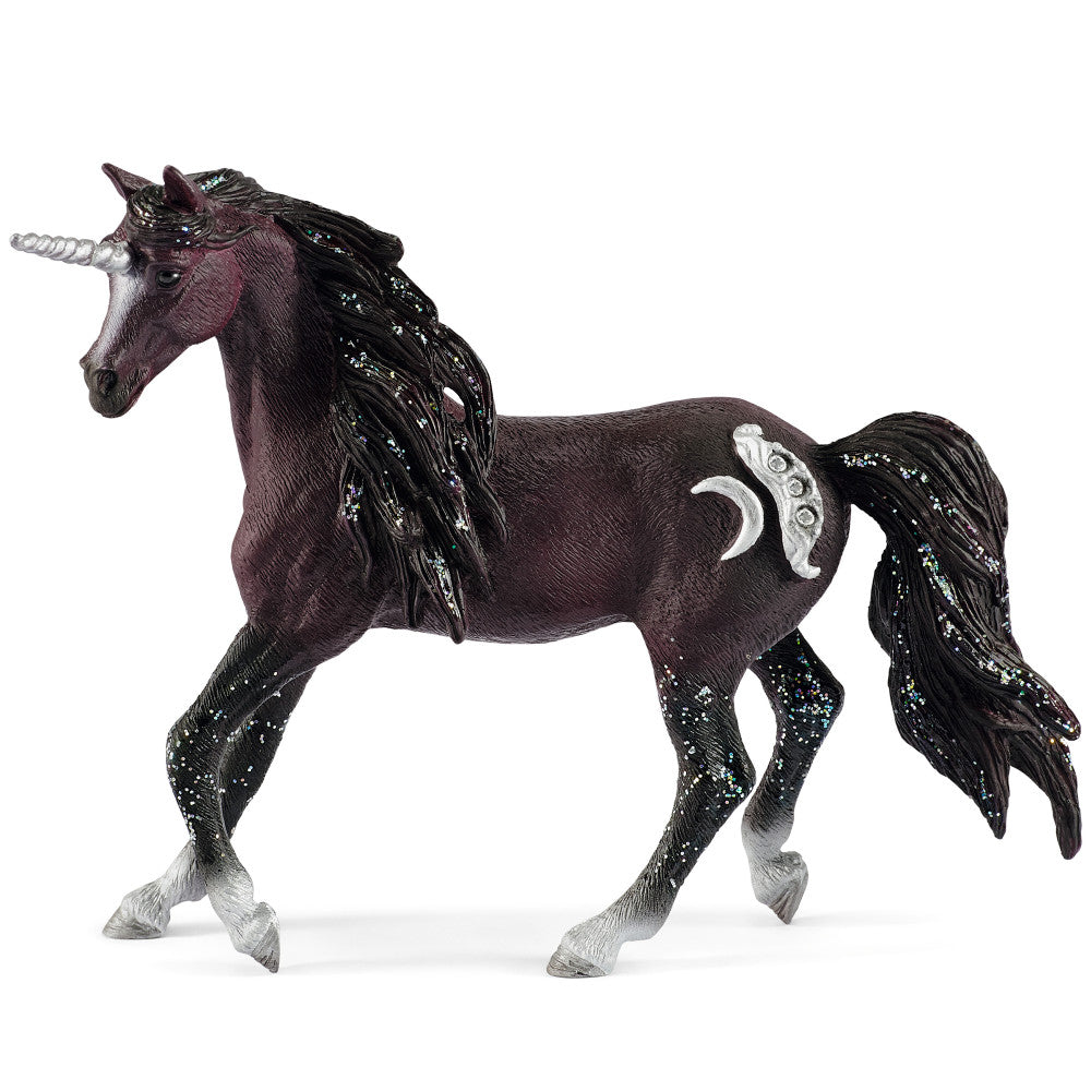 Dark purple unicorn stallion with silver spiral horn, black sparkly mane and tail, white hooves, and crescent moon marking on side