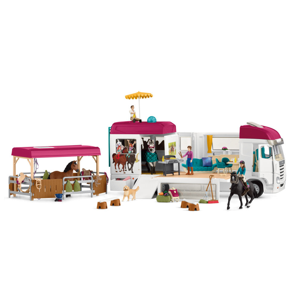 Horse Club playset with white horse trailer, wooden stable with pink canopy, miniature figures, horses, and accessories on plain background