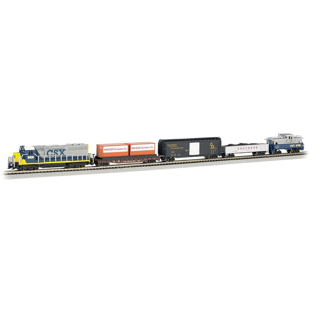 Bachmann Trains Freightmaster N Scale train set with yellow and blue diesel locomotive, orange and red container cars, black hopper car, white passenger car, an
