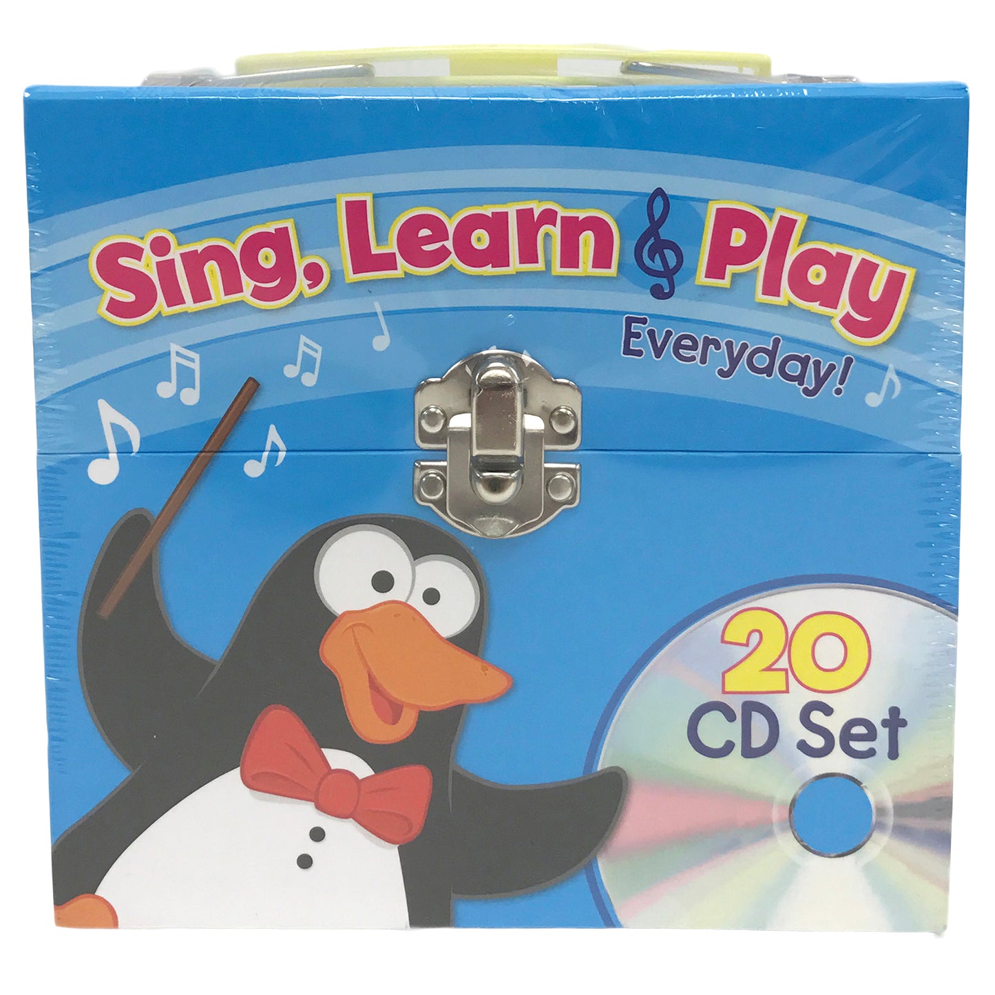 Sing, Learn & Play Everyday! 20-CD Set box featuring a cartoon penguin with red bow tie on blue background