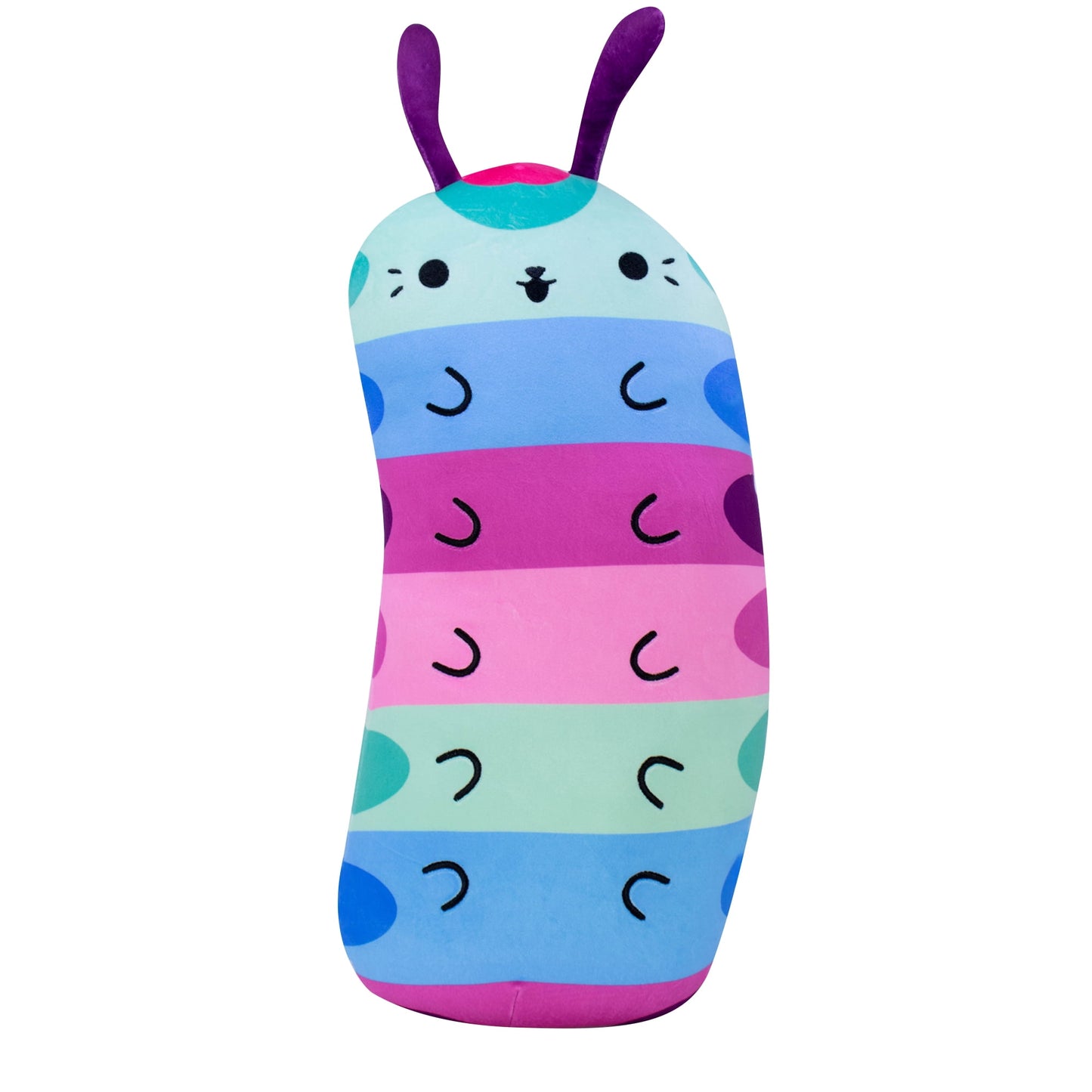 Colorful striped caterpillar plush with purple antennae, light blue head, and multicolored body segments in blue, pink, and teal with embroidered smile details