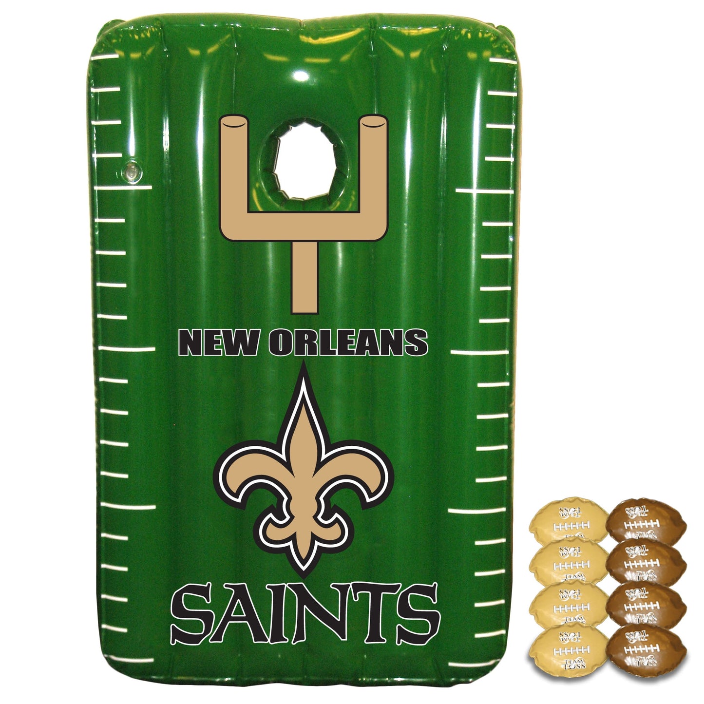 Green inflatable bean bag toss game with New Orleans Saints logo, fleur-de-lis symbol, and football field markings; includes tan and brown bean bags printed wit