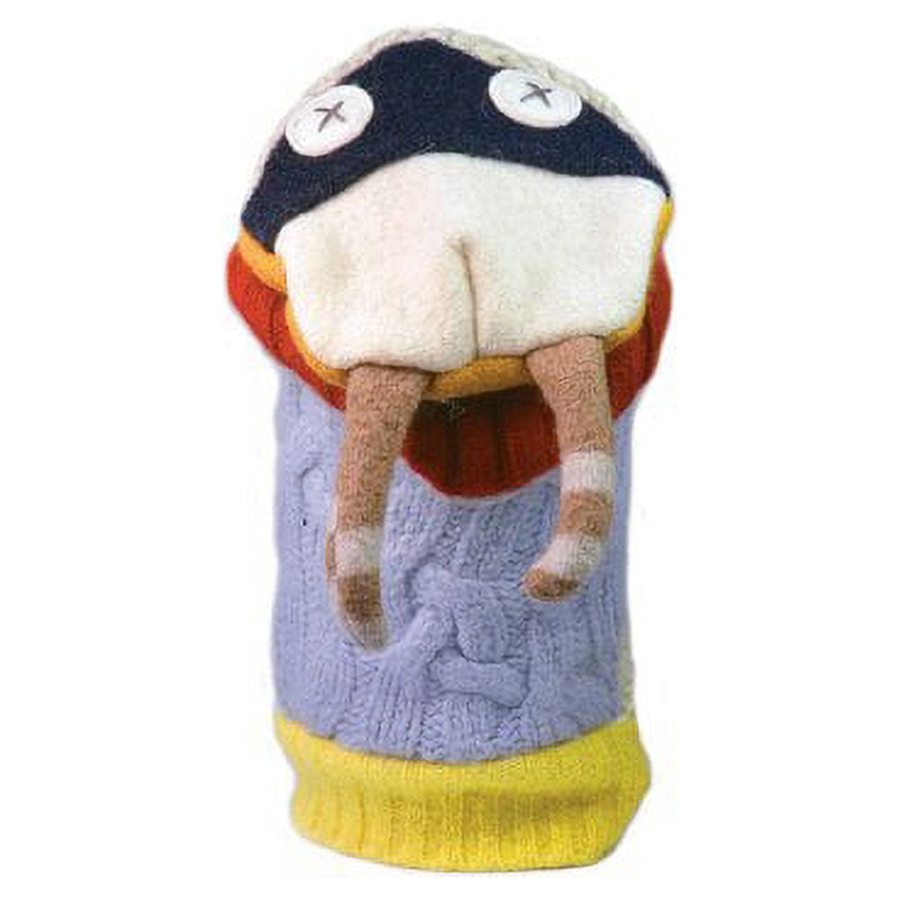 Handcrafted walrus puppet made from reclaimed wool with cream-colored tusks, navy head, tan arms, red mouth, light blue body, and yellow base