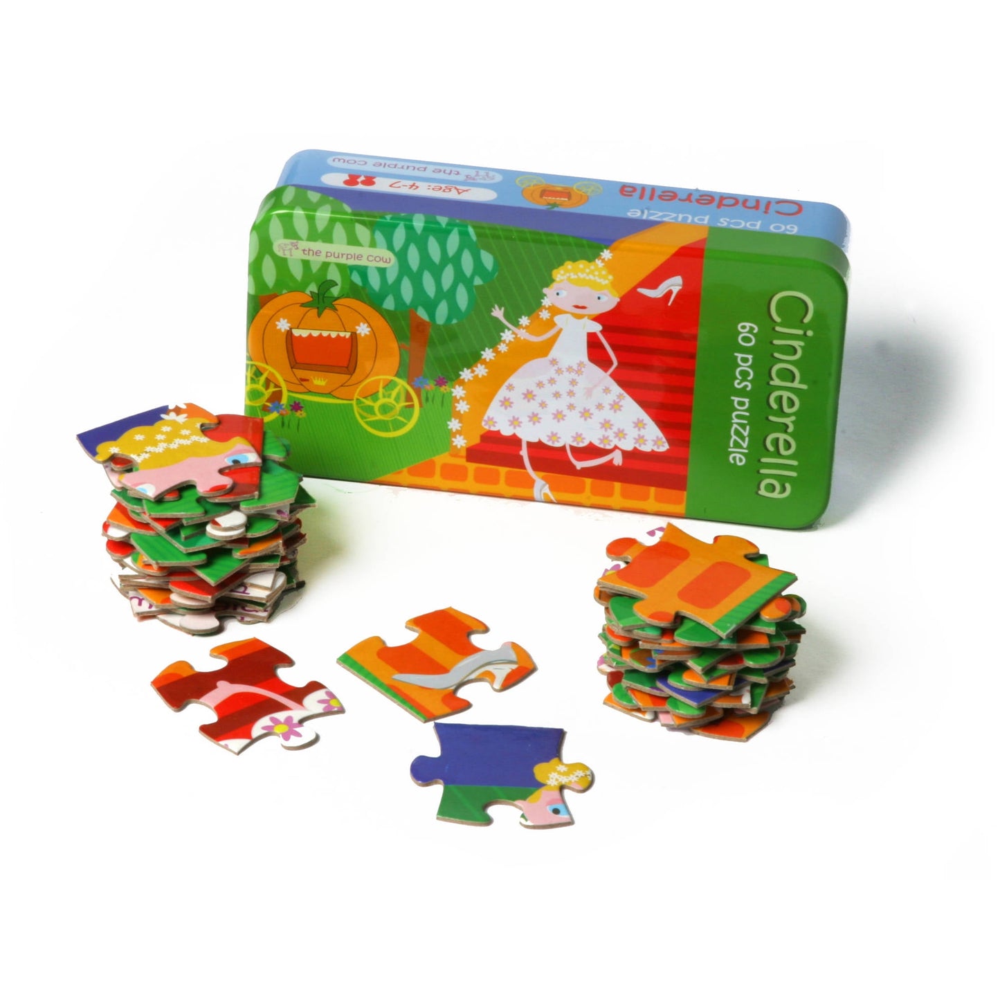 Cinderella Fairy Tale 60-piece jigsaw puzzle in tin box, showing fairy tale-themed puzzle pieces and pumpkin carriage artwork on packaging